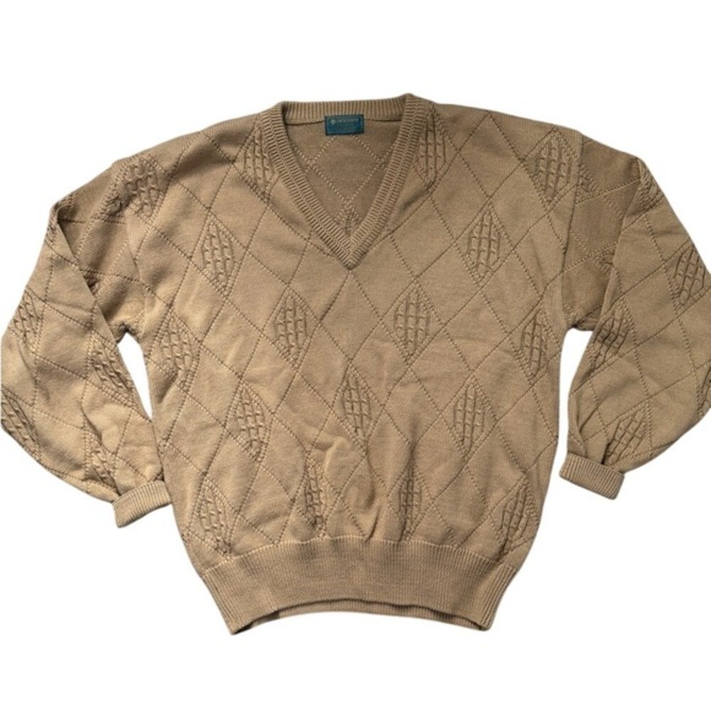 Descente Golf Collection Tan Argyle V-Neck Vintage Knit Sweater L Preppy‎ Cotton